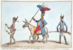 Praetor Urbanus - Kairon koptipormestarin virkaanastuminen, jota edelsi Procureur de la Commune, julkaissut Hannah Humphrey vuonna 1799 (käsinvärinen etsaus)
